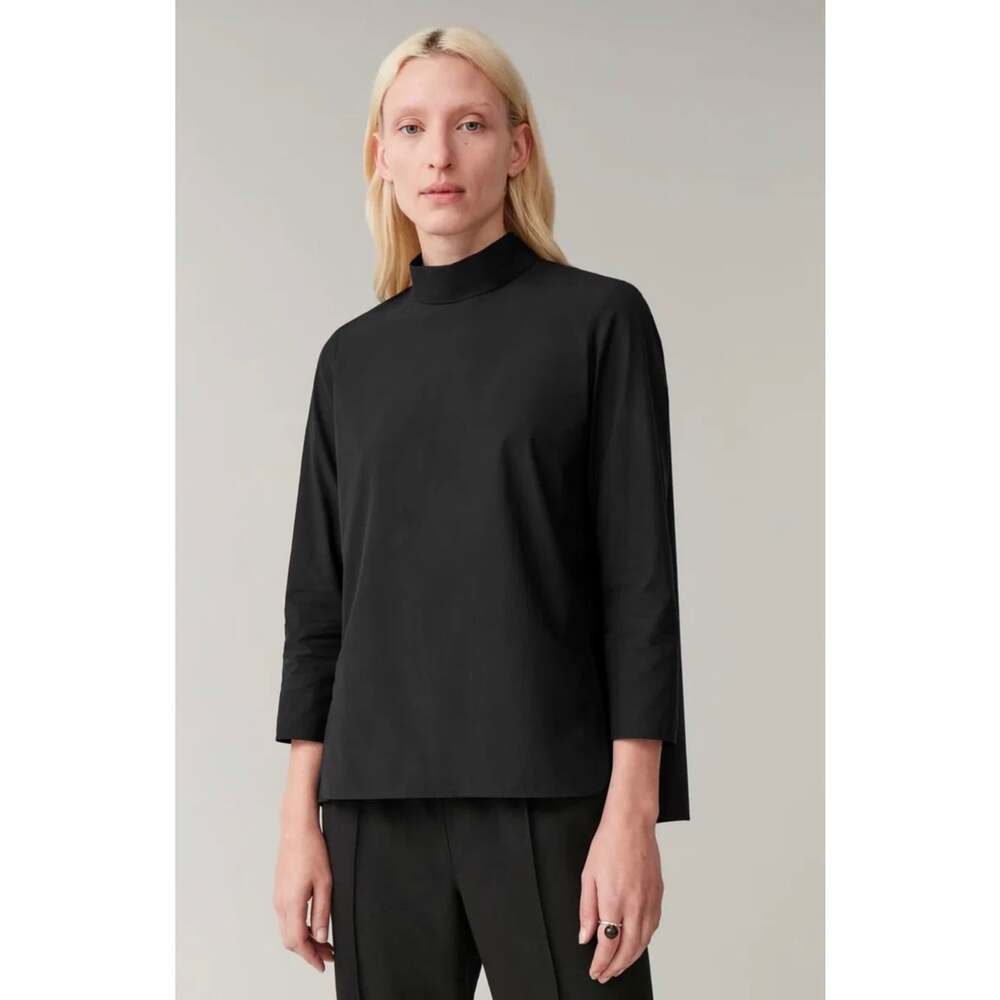 COS Cotton High Neck Top Womens 8 Black 3/4 Sleeve Minimalist Blouse